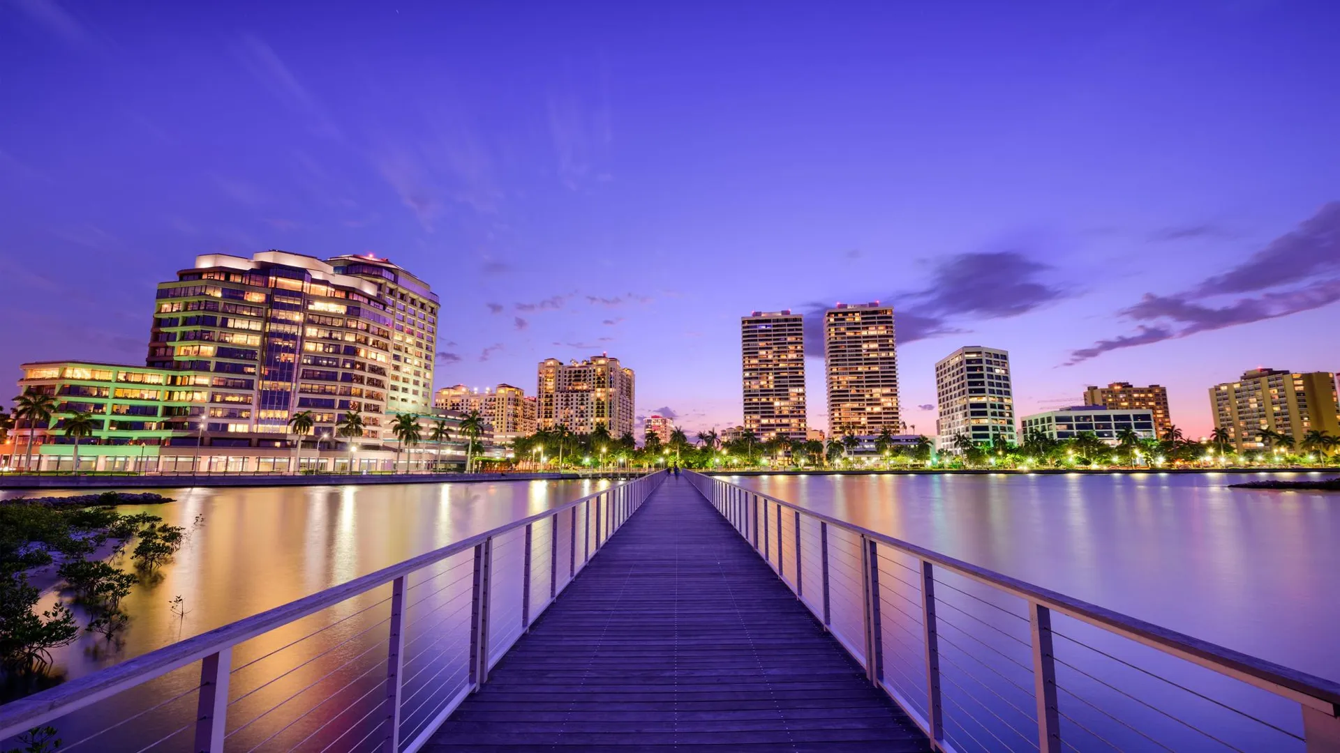 West Palm Beach skyline at dusk in Palm Beach County, FL